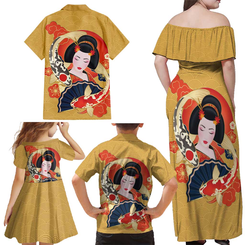 Japanese Geisha Koi Fish Family Matching Off Shoulder Maxi Dress and Hawaiian Shirt Cherry Blossoms Yellow Seigaiha Pattern - Wonder Print Shop