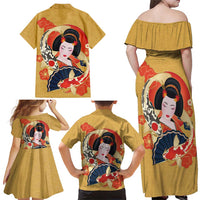 Japanese Geisha Koi Fish Family Matching Off Shoulder Maxi Dress and Hawaiian Shirt Cherry Blossoms Yellow Seigaiha Pattern - Wonder Print Shop