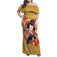 Japanese Geisha Koi Fish Family Matching Off Shoulder Maxi Dress and Hawaiian Shirt Cherry Blossoms Yellow Seigaiha Pattern - Wonder Print Shop