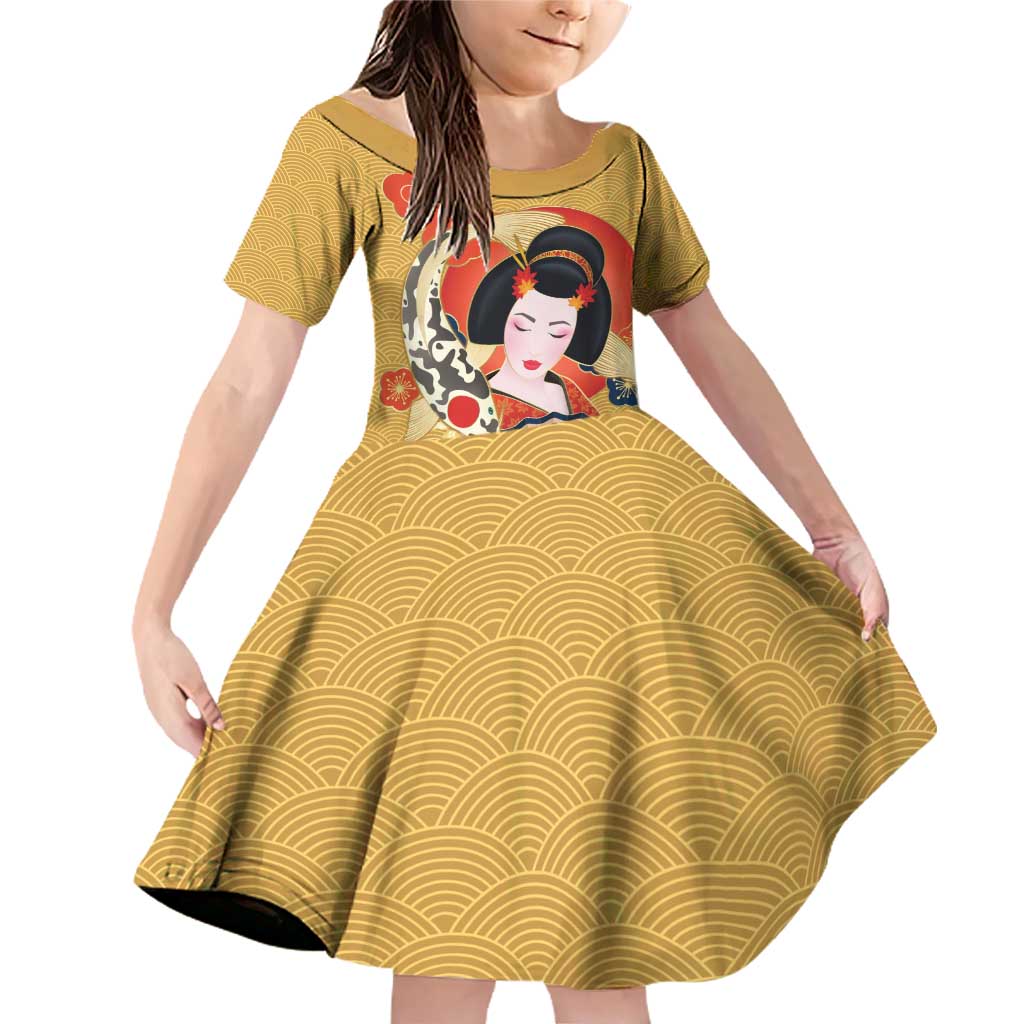 Japanese Geisha Koi Fish Family Matching Off Shoulder Short Dress and Hawaiian Shirt Cherry Blossoms Yellow Seigaiha Pattern - Wonder Print Shop