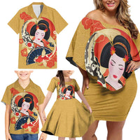 Japanese Geisha Koi Fish Family Matching Off Shoulder Short Dress and Hawaiian Shirt Cherry Blossoms Yellow Seigaiha Pattern - Wonder Print Shop