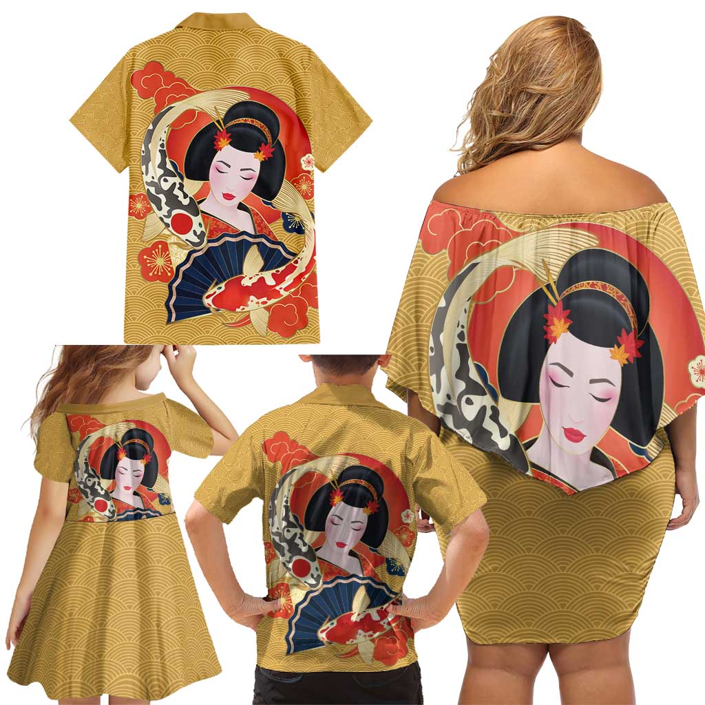 Japanese Geisha Koi Fish Family Matching Off Shoulder Short Dress and Hawaiian Shirt Cherry Blossoms Yellow Seigaiha Pattern - Wonder Print Shop