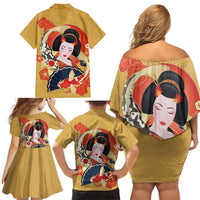 Japanese Geisha Koi Fish Family Matching Off Shoulder Short Dress and Hawaiian Shirt Cherry Blossoms Yellow Seigaiha Pattern - Wonder Print Shop