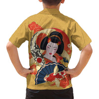 Japanese Geisha Koi Fish Family Matching Puletasi and Hawaiian Shirt Cherry Blossoms Yellow Seigaiha Pattern - Wonder Print Shop