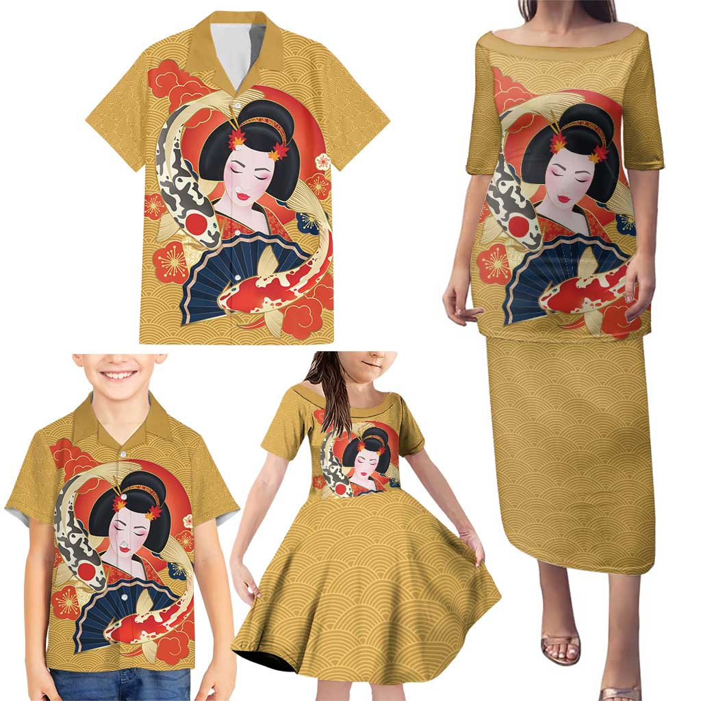 Japanese Geisha Koi Fish Family Matching Puletasi and Hawaiian Shirt Cherry Blossoms Yellow Seigaiha Pattern - Wonder Print Shop