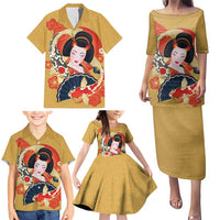 Japanese Geisha Koi Fish Family Matching Puletasi and Hawaiian Shirt Cherry Blossoms Yellow Seigaiha Pattern - Wonder Print Shop