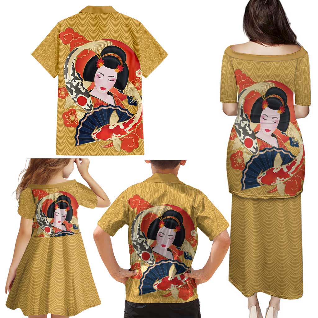 Japanese Geisha Koi Fish Family Matching Puletasi and Hawaiian Shirt Cherry Blossoms Yellow Seigaiha Pattern - Wonder Print Shop