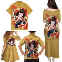 Japanese Geisha Koi Fish Family Matching Puletasi and Hawaiian Shirt Cherry Blossoms Yellow Seigaiha Pattern - Wonder Print Shop
