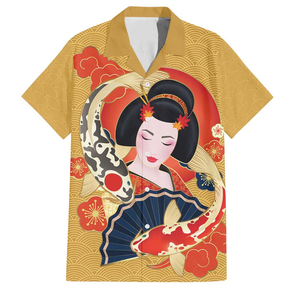 Japanese Geisha Koi Fish Family Matching Puletasi and Hawaiian Shirt Cherry Blossoms Yellow Seigaiha Pattern - Wonder Print Shop