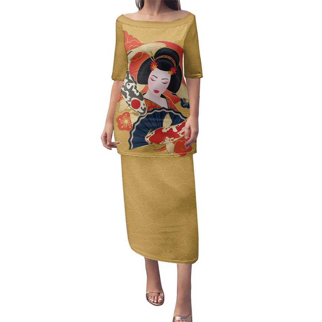 Japanese Geisha Koi Fish Family Matching Puletasi and Hawaiian Shirt Cherry Blossoms Yellow Seigaiha Pattern - Wonder Print Shop