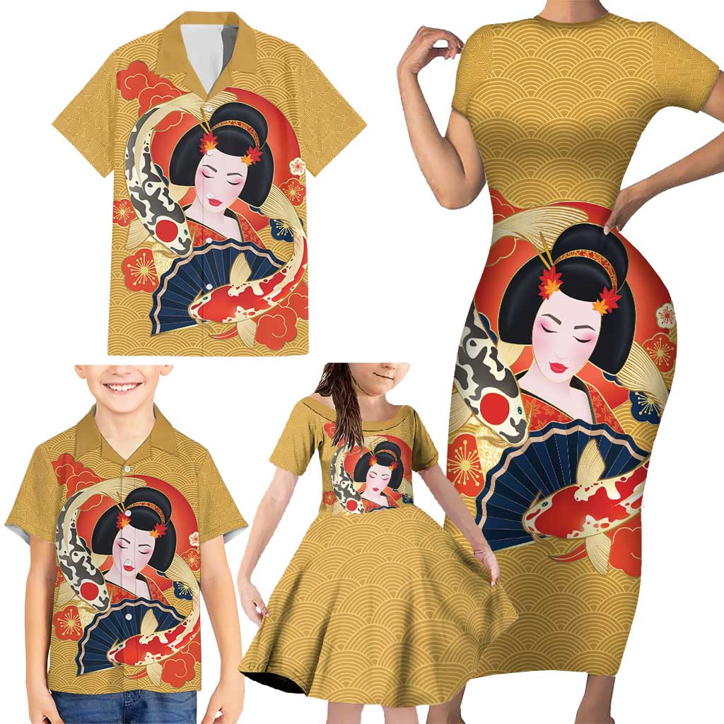 Japanese Geisha Koi Fish Family Matching Short Sleeve Bodycon Dress and Hawaiian Shirt Cherry Blossoms Yellow Seigaiha Pattern - Wonder Print Shop