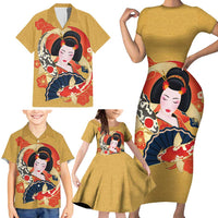 Japanese Geisha Koi Fish Family Matching Short Sleeve Bodycon Dress and Hawaiian Shirt Cherry Blossoms Yellow Seigaiha Pattern - Wonder Print Shop