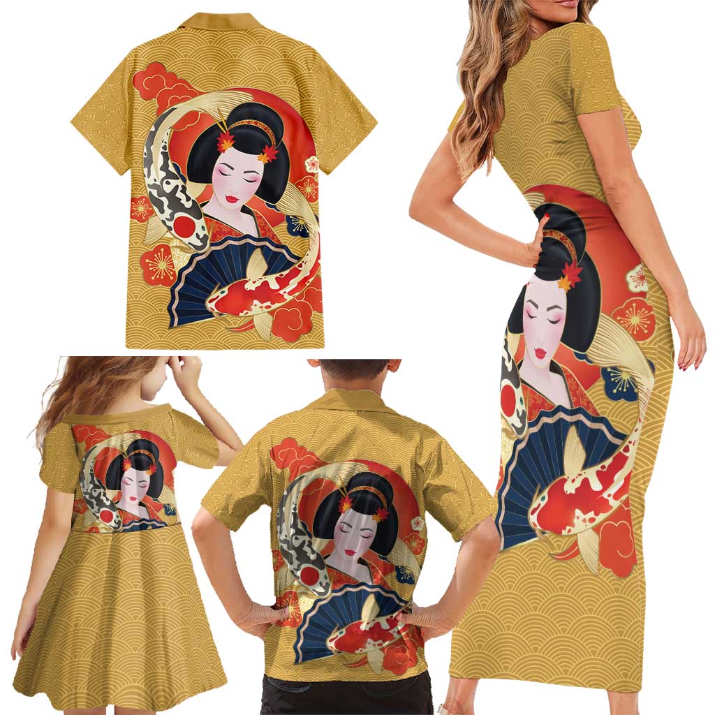 Japanese Geisha Koi Fish Family Matching Short Sleeve Bodycon Dress and Hawaiian Shirt Cherry Blossoms Yellow Seigaiha Pattern - Wonder Print Shop