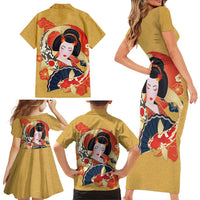 Japanese Geisha Koi Fish Family Matching Short Sleeve Bodycon Dress and Hawaiian Shirt Cherry Blossoms Yellow Seigaiha Pattern - Wonder Print Shop
