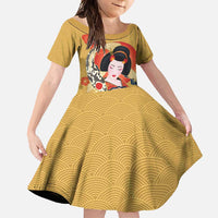 Japanese Geisha Koi Fish Family Matching Summer Maxi Dress and Hawaiian Shirt Cherry Blossoms Yellow Seigaiha Pattern - Wonder Print Shop