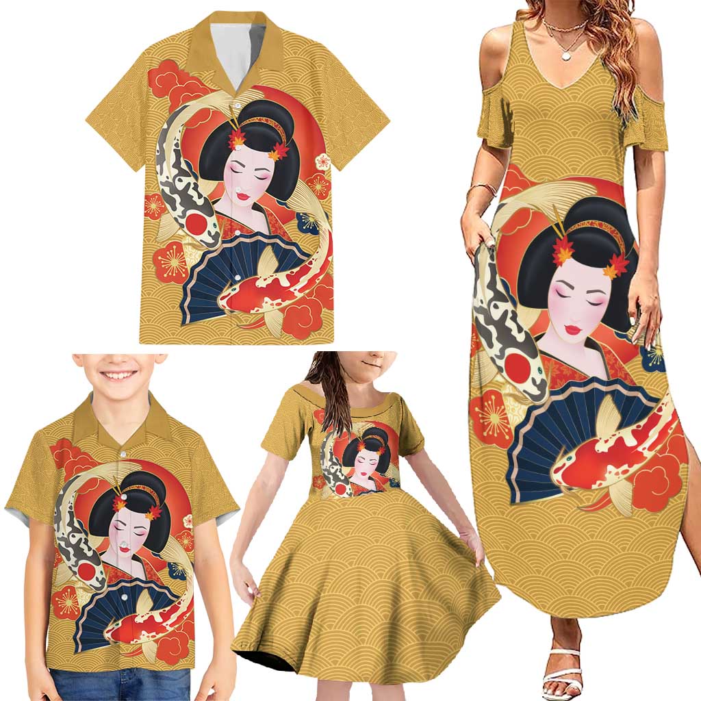 Japanese Geisha Koi Fish Family Matching Summer Maxi Dress and Hawaiian Shirt Cherry Blossoms Yellow Seigaiha Pattern - Wonder Print Shop