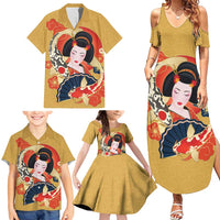 Japanese Geisha Koi Fish Family Matching Summer Maxi Dress and Hawaiian Shirt Cherry Blossoms Yellow Seigaiha Pattern - Wonder Print Shop