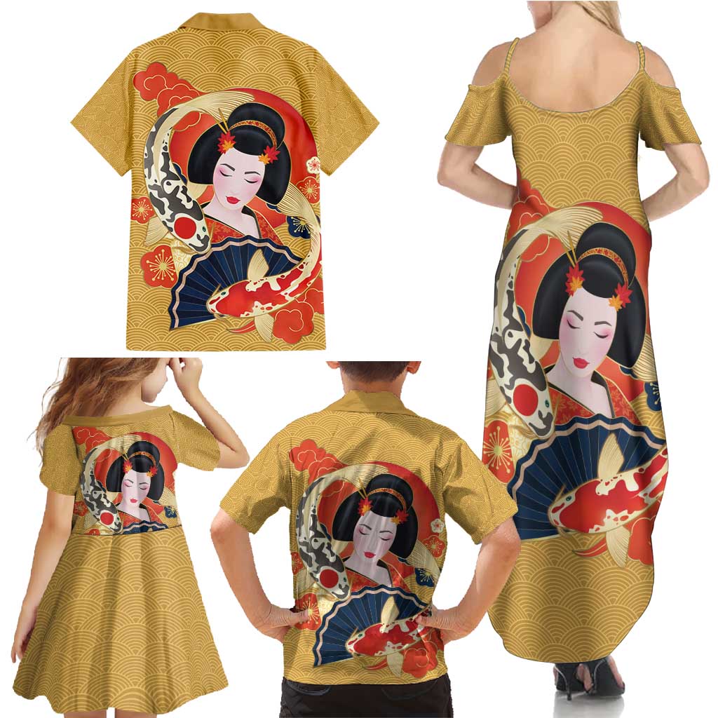 Japanese Geisha Koi Fish Family Matching Summer Maxi Dress and Hawaiian Shirt Cherry Blossoms Yellow Seigaiha Pattern - Wonder Print Shop