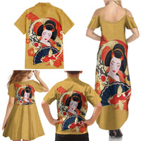 Japanese Geisha Koi Fish Family Matching Summer Maxi Dress and Hawaiian Shirt Cherry Blossoms Yellow Seigaiha Pattern - Wonder Print Shop