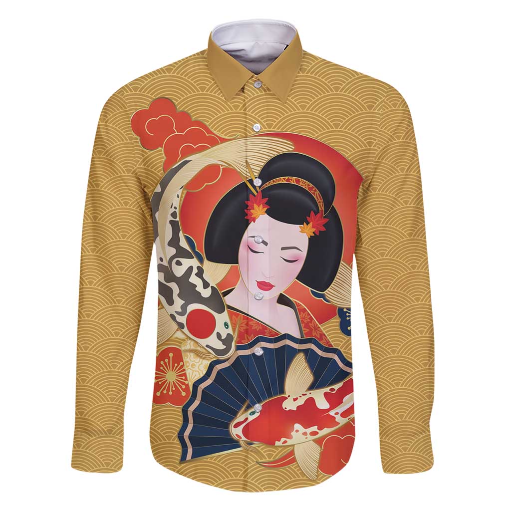 Japanese Geisha Koi Fish Family Matching Summer Maxi Dress and Hawaiian Shirt Cherry Blossoms Yellow Seigaiha Pattern - Wonder Print Shop