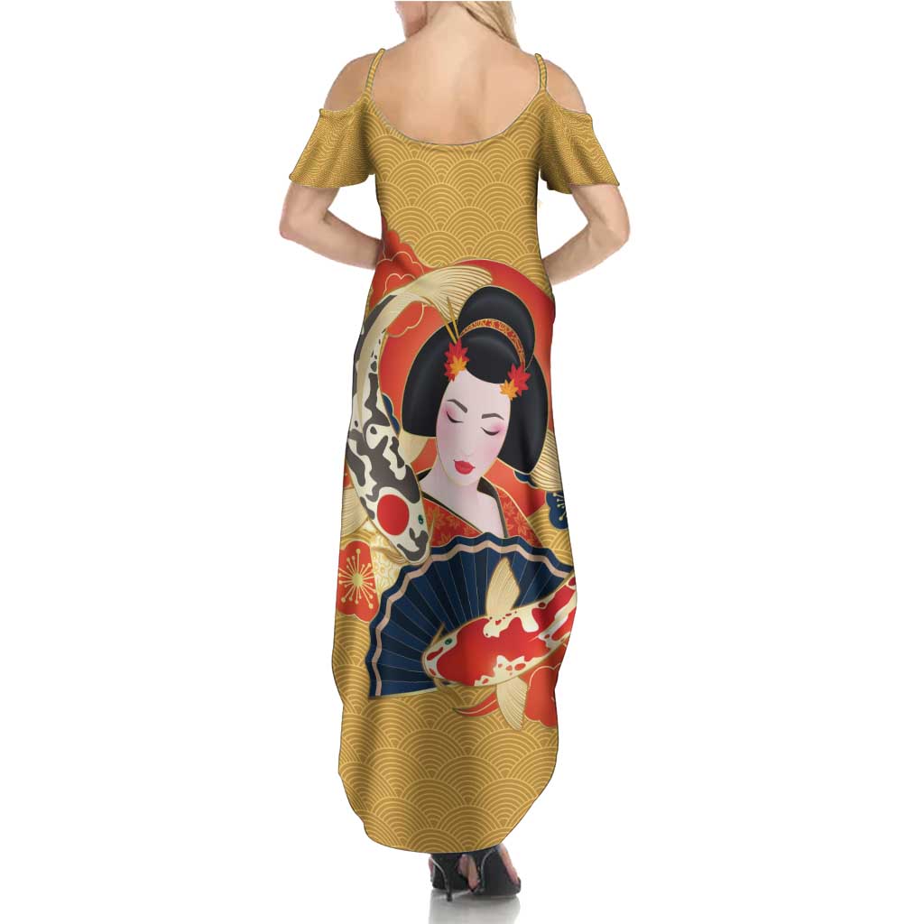 Japanese Geisha Koi Fish Family Matching Summer Maxi Dress and Hawaiian Shirt Cherry Blossoms Yellow Seigaiha Pattern - Wonder Print Shop