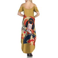 Japanese Geisha Koi Fish Family Matching Summer Maxi Dress and Hawaiian Shirt Cherry Blossoms Yellow Seigaiha Pattern - Wonder Print Shop