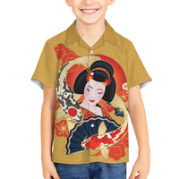 Japanese Geisha Koi Fish Family Matching Summer Maxi Dress and Hawaiian Shirt Cherry Blossoms Yellow Seigaiha Pattern - Wonder Print Shop