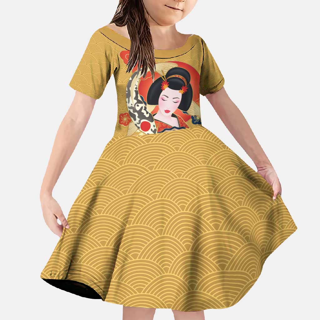 Japanese Geisha Koi Fish Family Matching Tank Maxi Dress and Hawaiian Shirt Cherry Blossoms Yellow Seigaiha Pattern - Wonder Print Shop
