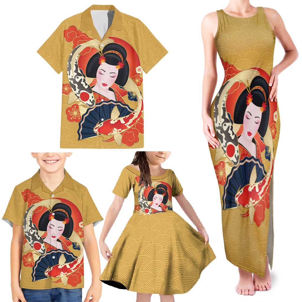 Japanese Geisha Koi Fish Family Matching Tank Maxi Dress and Hawaiian Shirt Cherry Blossoms Yellow Seigaiha Pattern - Wonder Print Shop