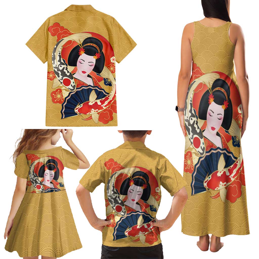 Japanese Geisha Koi Fish Family Matching Tank Maxi Dress and Hawaiian Shirt Cherry Blossoms Yellow Seigaiha Pattern - Wonder Print Shop