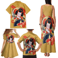 Japanese Geisha Koi Fish Family Matching Tank Maxi Dress and Hawaiian Shirt Cherry Blossoms Yellow Seigaiha Pattern - Wonder Print Shop