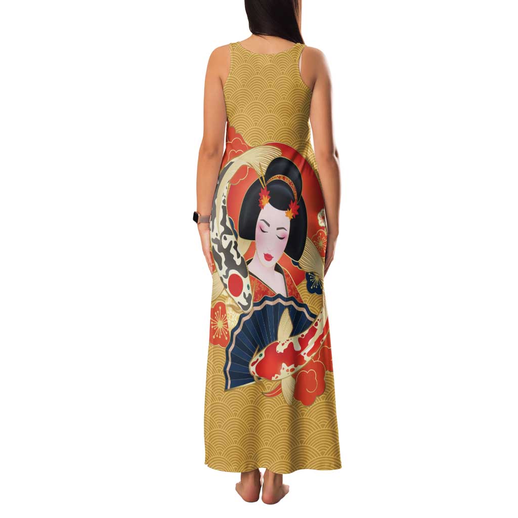 Japanese Geisha Koi Fish Family Matching Tank Maxi Dress and Hawaiian Shirt Cherry Blossoms Yellow Seigaiha Pattern - Wonder Print Shop