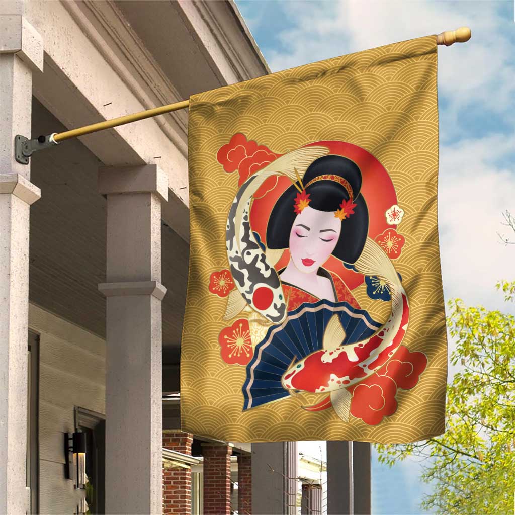 Japanese Geisha Koi Fish Garden Flag Cherry Blossoms Yellow Seigaiha Pattern - Wonder Print Shop