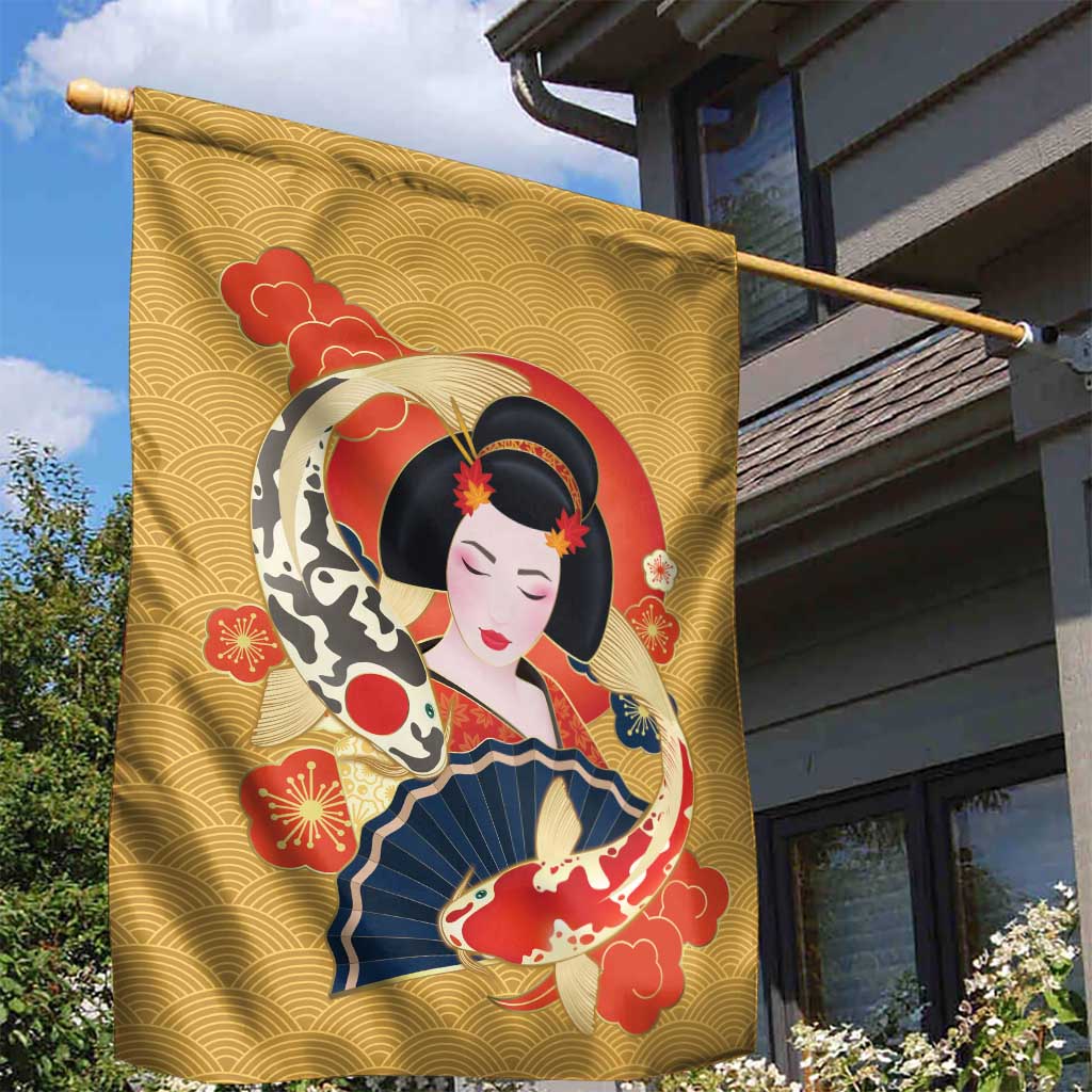 Japanese Geisha Koi Fish Garden Flag Cherry Blossoms Yellow Seigaiha Pattern - Wonder Print Shop