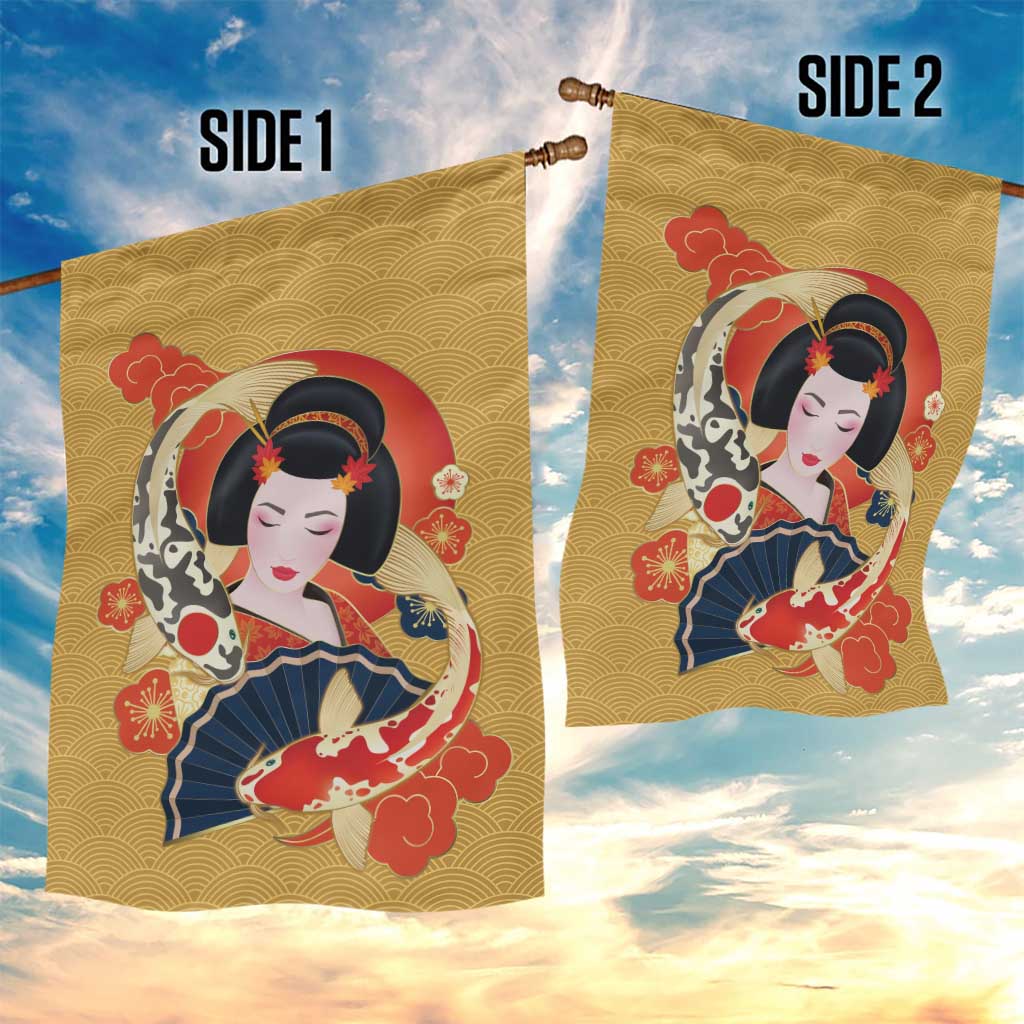 Japanese Geisha Koi Fish Garden Flag Cherry Blossoms Yellow Seigaiha Pattern - Wonder Print Shop