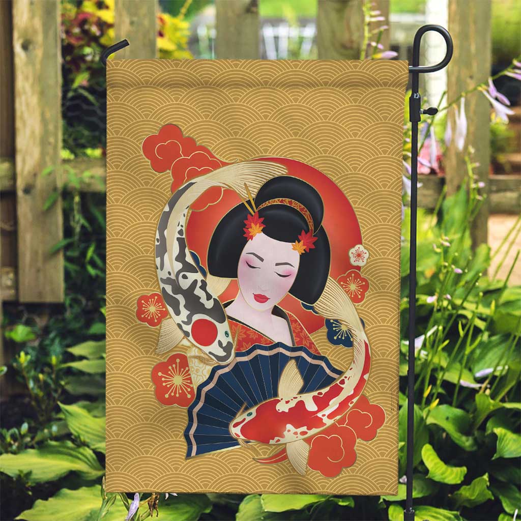 Japanese Geisha Koi Fish Garden Flag Cherry Blossoms Yellow Seigaiha Pattern - Wonder Print Shop