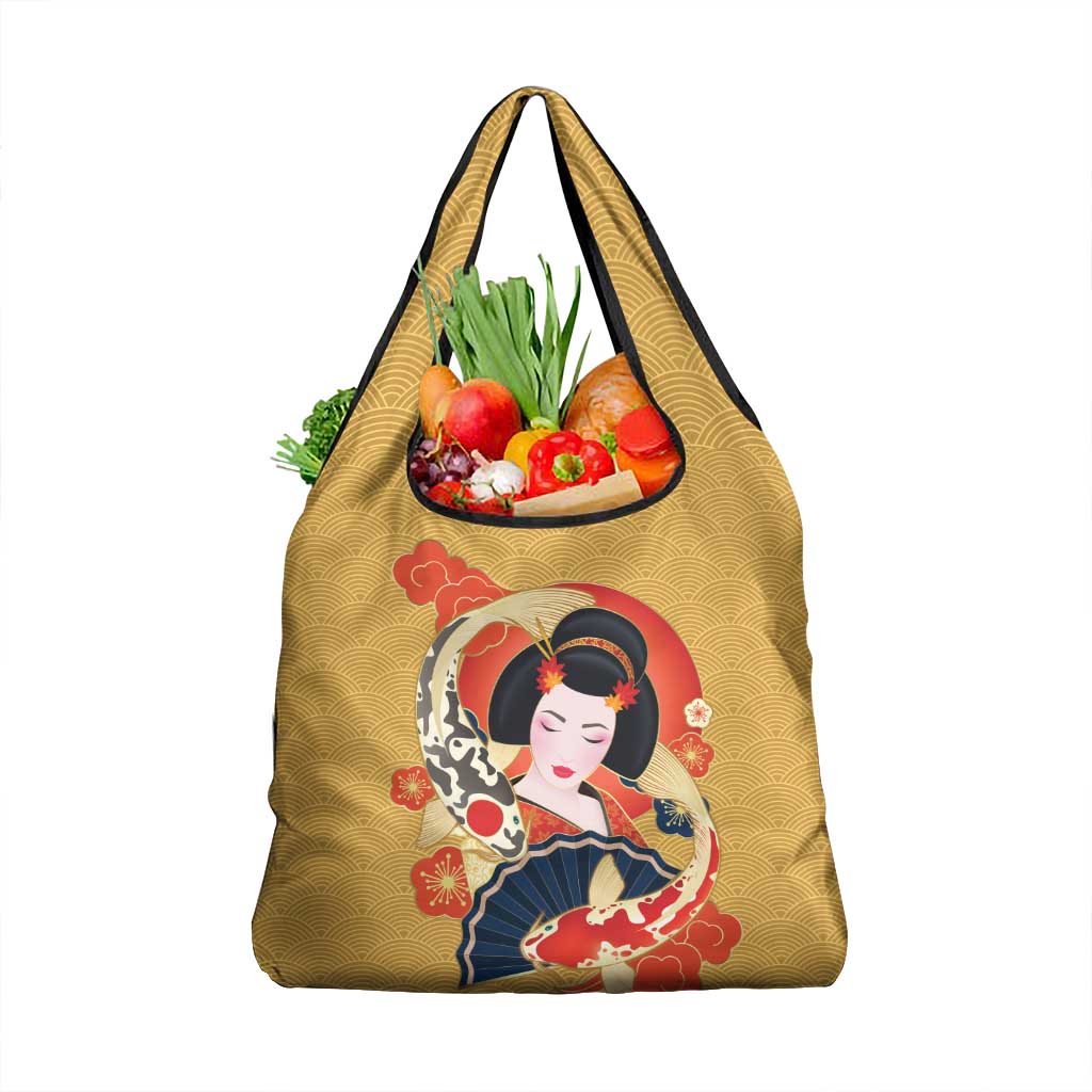 Japanese Geisha Koi Fish Grocery Bag Cherry Blossoms Yellow Seigaiha Pattern - Wonder Print Shop