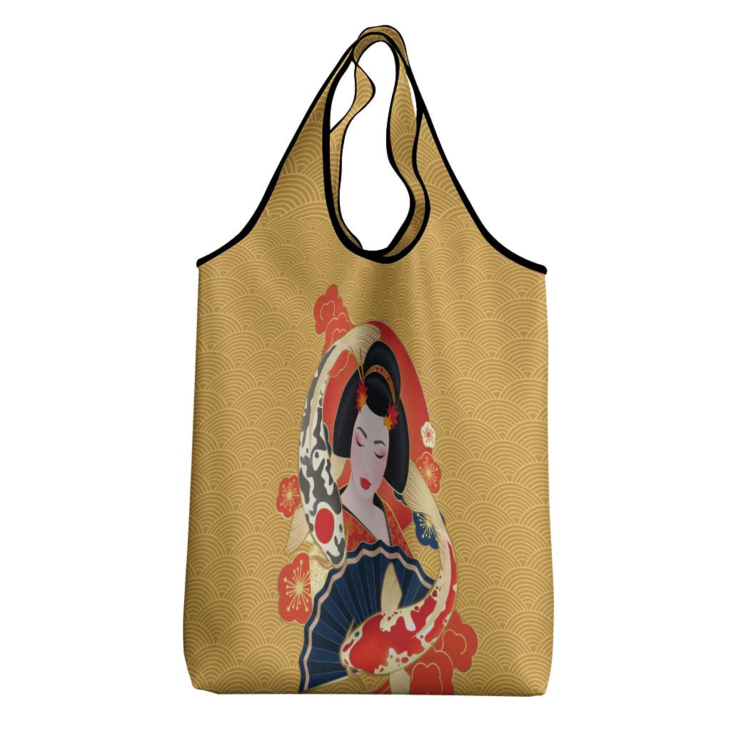 Japanese Geisha Koi Fish Grocery Bag Cherry Blossoms Yellow Seigaiha Pattern - Wonder Print Shop