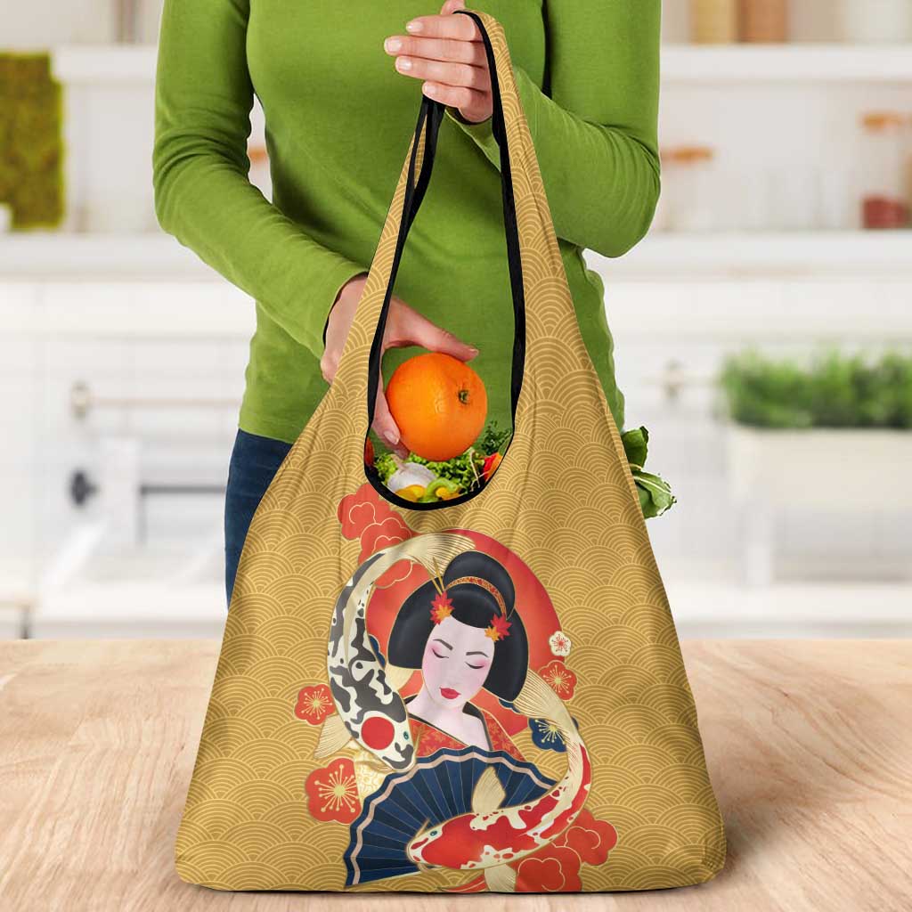 Japanese Geisha Koi Fish Grocery Bag Cherry Blossoms Yellow Seigaiha Pattern - Wonder Print Shop