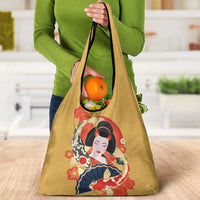 Japanese Geisha Koi Fish Grocery Bag Cherry Blossoms Yellow Seigaiha Pattern - Wonder Print Shop