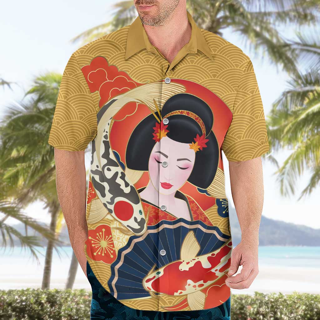 Japanese Geisha Koi Fish Hawaiian Shirt Cherry Blossoms Yellow Seigaiha Pattern - Wonder Print Shop