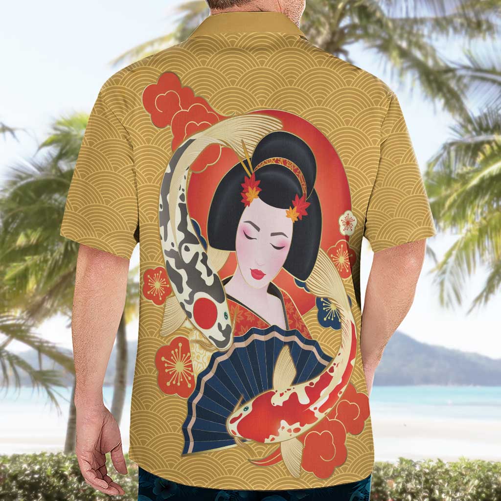 Japanese Geisha Koi Fish Hawaiian Shirt Cherry Blossoms Yellow Seigaiha Pattern - Wonder Print Shop