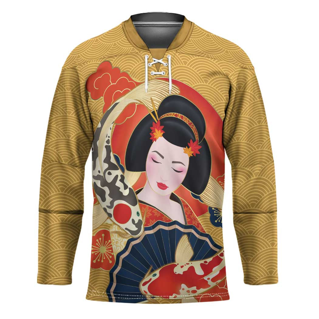 Japanese Geisha Koi Fish Hockey Jersey Cherry Blossoms Yellow Seigaiha Pattern - Wonder Print Shop