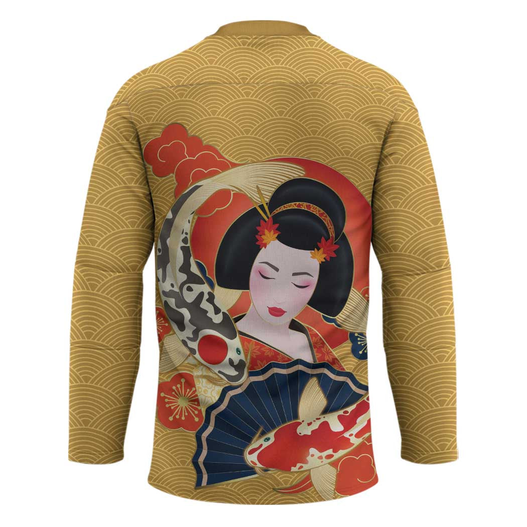 Japanese Geisha Koi Fish Hockey Jersey Cherry Blossoms Yellow Seigaiha Pattern - Wonder Print Shop