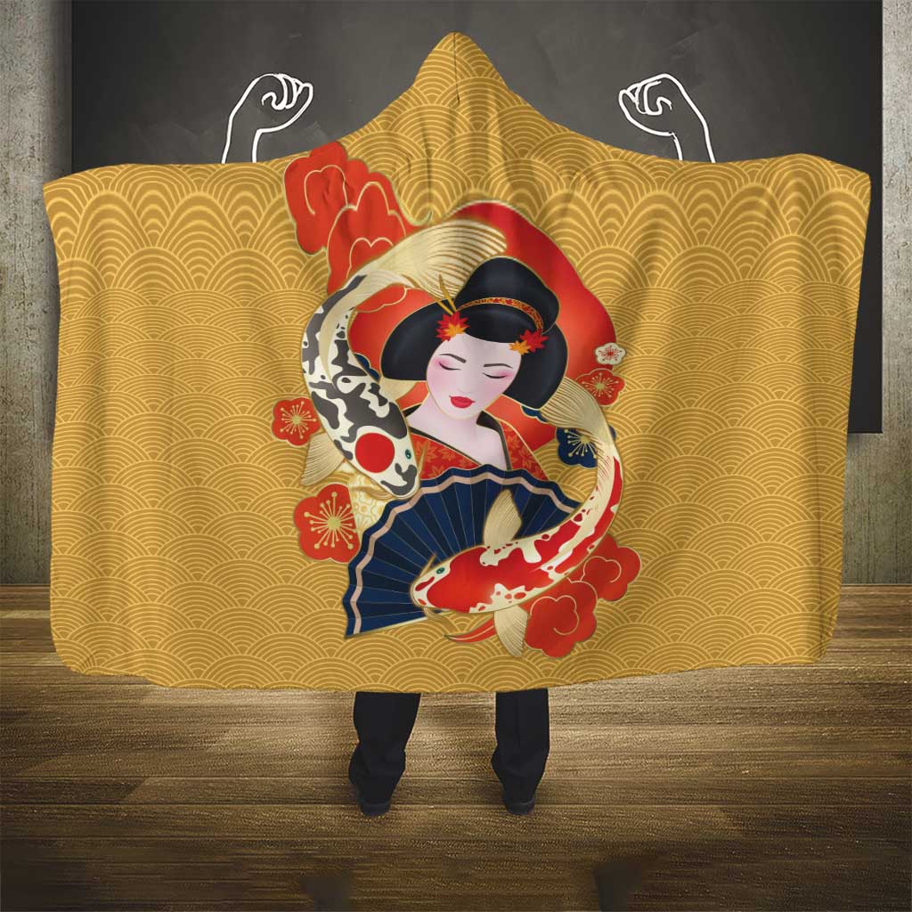 Japanese Geisha Koi Fish Hooded Blanket Cherry Blossoms Yellow Seigaiha Pattern - Wonder Print Shop