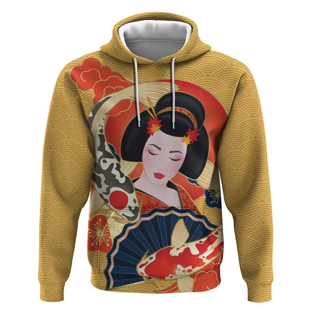 Japanese Geisha Koi Fish Hoodie Cherry Blossoms Yellow Seigaiha Pattern - Wonder Print Shop