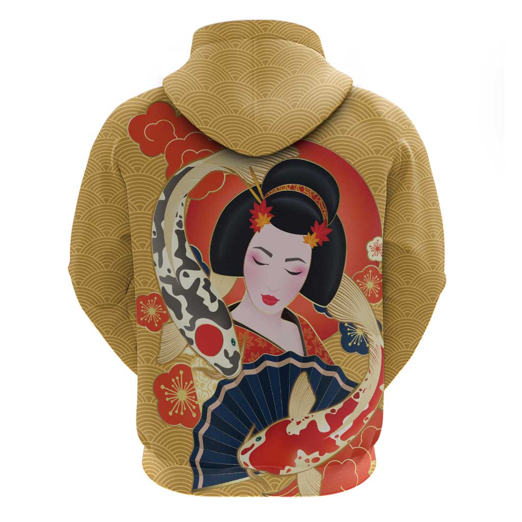 Japanese Geisha Koi Fish Hoodie Cherry Blossoms Yellow Seigaiha Pattern - Wonder Print Shop