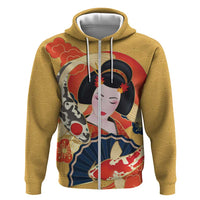 Japanese Geisha Koi Fish Hoodie Cherry Blossoms Yellow Seigaiha Pattern - Wonder Print Shop