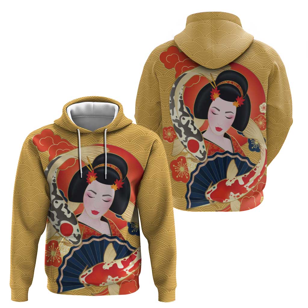 Japanese Geisha Koi Fish Hoodie Cherry Blossoms Yellow Seigaiha Pattern - Wonder Print Shop