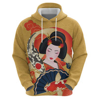 Japanese Geisha Koi Fish Hoodie Cherry Blossoms Yellow Seigaiha Pattern - Wonder Print Shop